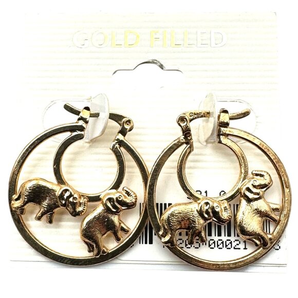 Elephant Yellow Gold Filled Hoops Pierced Chandelier Earrings Original Card NOS - Picture 1 of 3